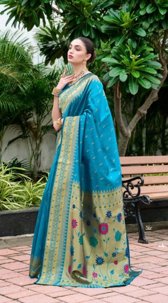 Mayawye Women's Silk Blend Paithani Weaving Saree With Unstitched Blouse 5.5Mtr (Aqua)