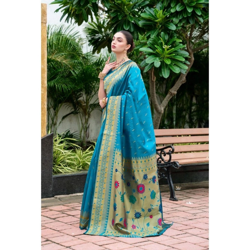 Mayawye Women's Silk Blend Paithani Weaving Saree With Unstitched Blouse 5.5Mtr (Aqua)