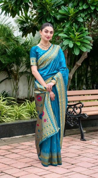 Mayawye Women's Silk Blend Paithani Weaving Saree With Unstitched Blouse 5.5Mtr (Aqua)