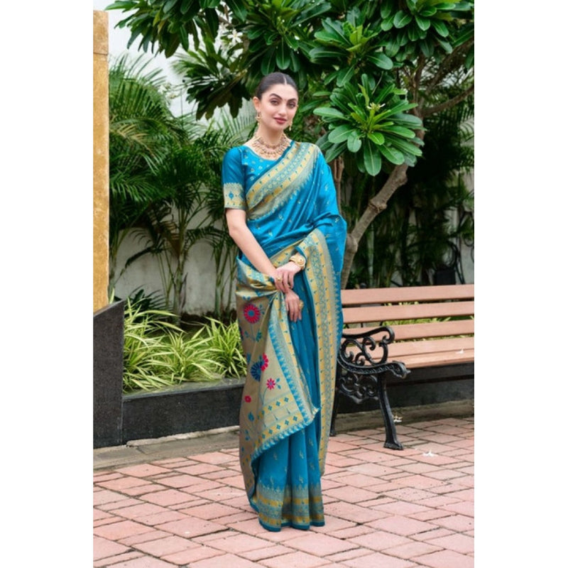 Mayawye Women's Silk Blend Paithani Weaving Saree With Unstitched Blouse 5.5Mtr (Aqua)