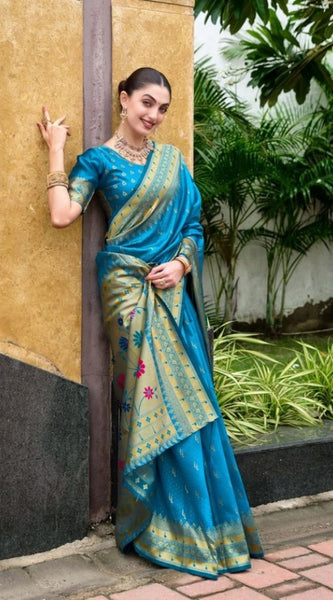 Mayawye Women's Silk Blend Paithani Weaving Saree With Unstitched Blouse 5.5Mtr (Aqua)