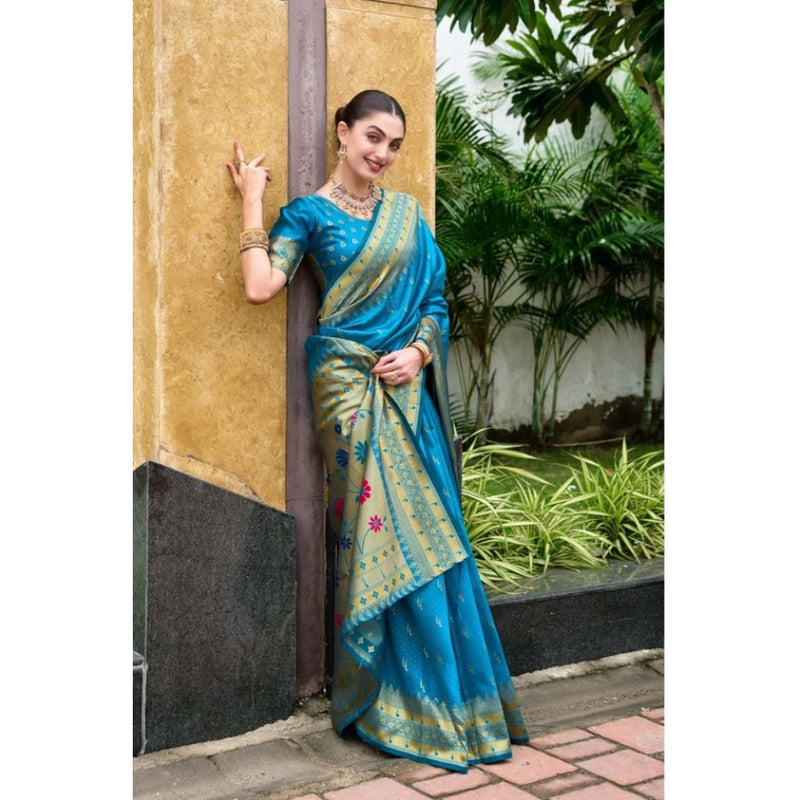 Mayawye Women's Silk Blend Paithani Weaving Saree With Unstitched Blouse 5.5Mtr (Aqua)