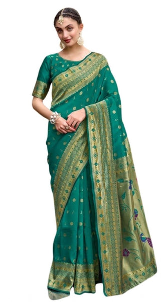 Mayawye Women's Silk Blend Paithani Weaving Saree With Unstitched Blouse 5.5Mtr (Green)