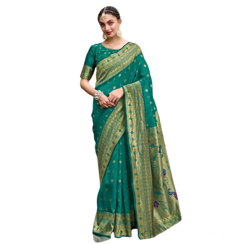 Mayawye Women's Silk Blend Paithani Weaving Saree With Unstitched Blouse 5.5Mtr (Green)