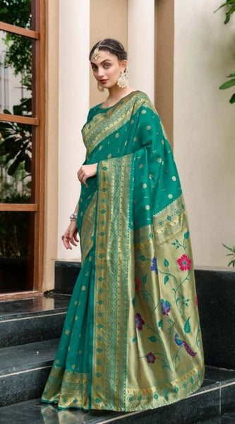 Mayawye Women's Silk Blend Paithani Weaving Saree With Unstitched Blouse 5.5Mtr (Green)