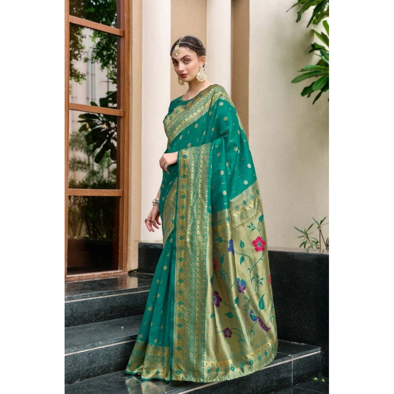 Mayawye Women's Silk Blend Paithani Weaving Saree With Unstitched Blouse 5.5Mtr (Green)