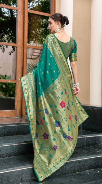Mayawye Women's Silk Blend Paithani Weaving Saree With Unstitched Blouse 5.5Mtr (Green)