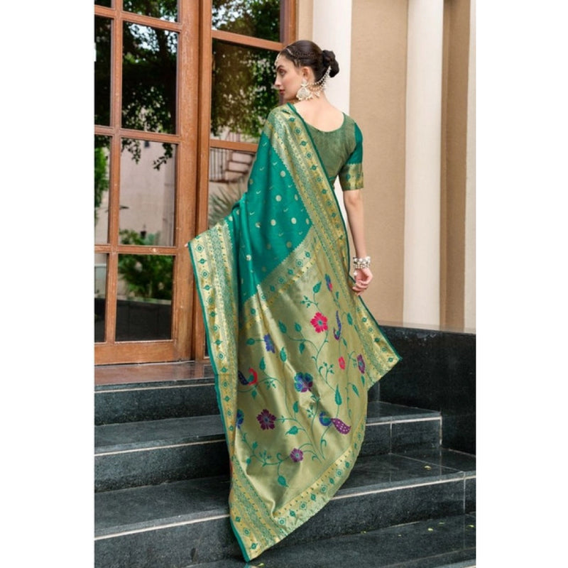 Mayawye Women's Silk Blend Paithani Weaving Saree With Unstitched Blouse 5.5Mtr (Green)