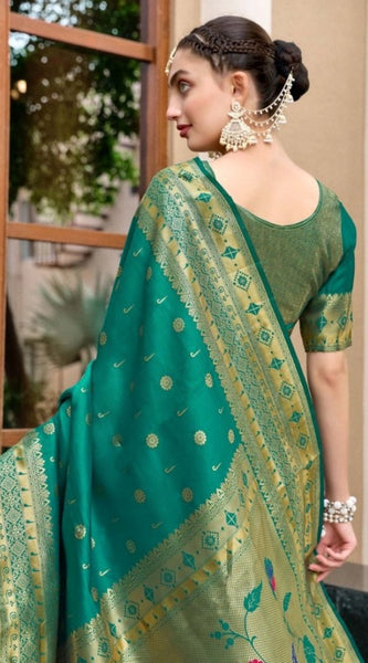 Mayawye Women's Silk Blend Paithani Weaving Saree With Unstitched Blouse 5.5Mtr (Green)