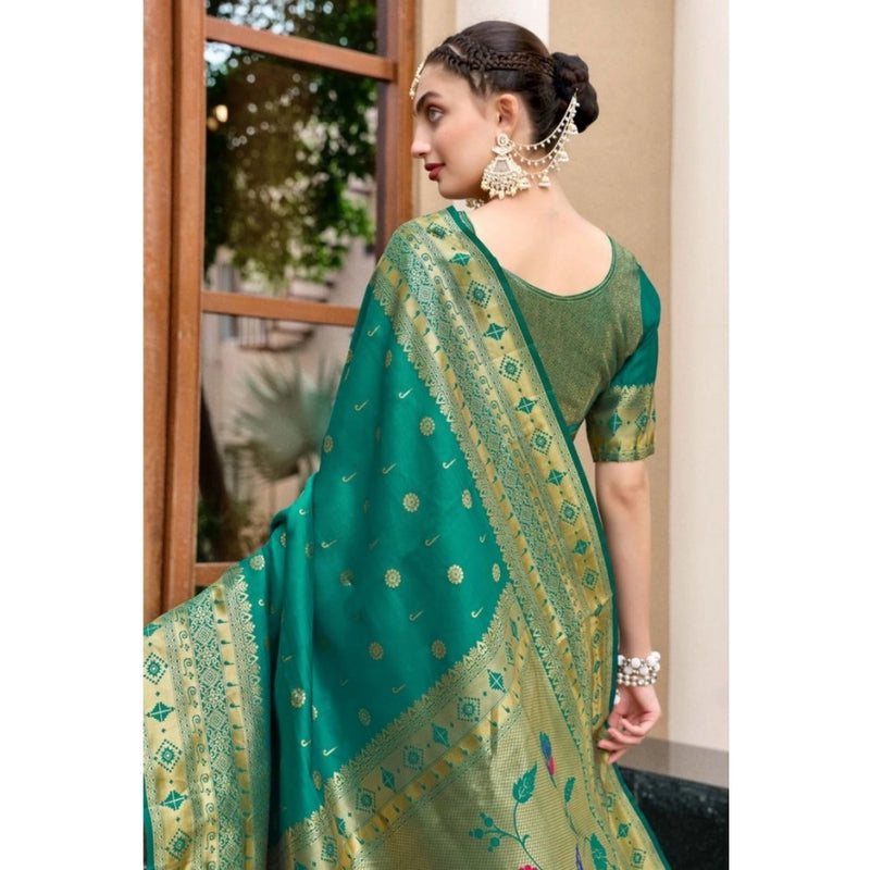 Mayawye Women's Silk Blend Paithani Weaving Saree With Unstitched Blouse 5.5Mtr (Green)