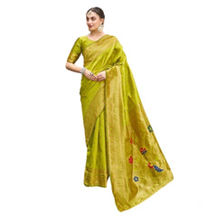 Mayawye Women's Silk Blend Paithani Weaving Saree With Unstitched Blouse 5.5Mtr (Lime Green)