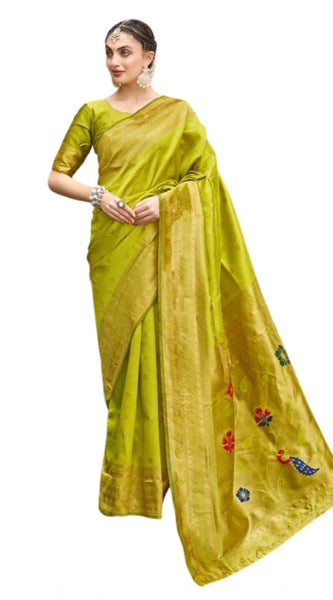 Mayawye Women's Silk Blend Paithani Weaving Saree With Unstitched Blouse 5.5Mtr (Lime Green)