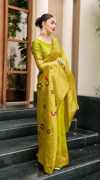 Mayawye Women's Silk Blend Paithani Weaving Saree With Unstitched Blouse 5.5Mtr (Lime Green)