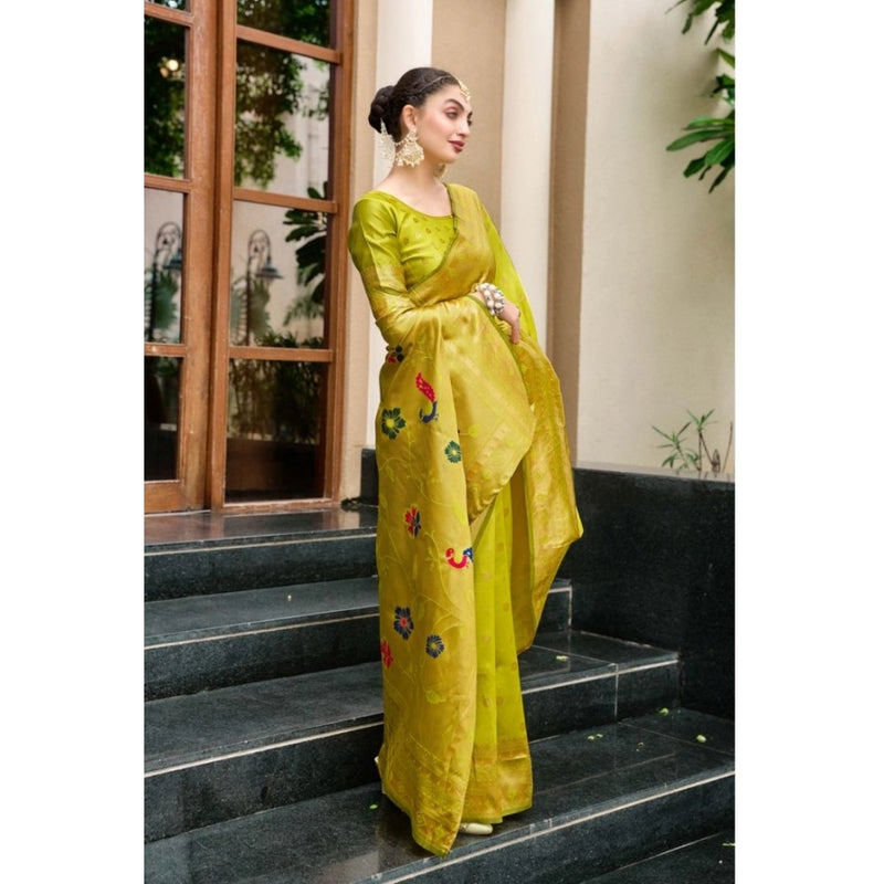 Mayawye Women's Silk Blend Paithani Weaving Saree With Unstitched Blouse 5.5Mtr (Lime Green)