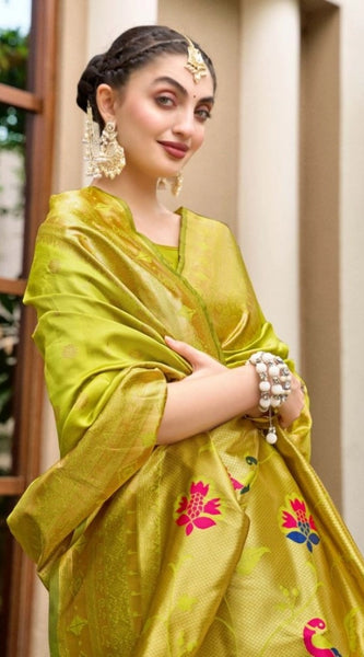 Mayawye Women's Silk Blend Paithani Weaving Saree With Unstitched Blouse 5.5Mtr (Lime Green)