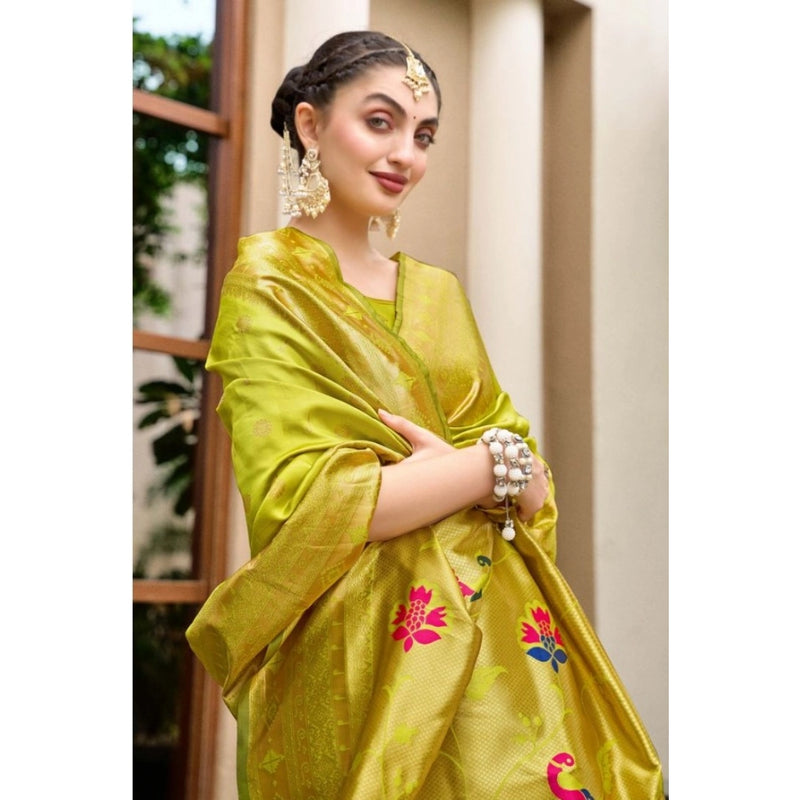 Mayawye Women's Silk Blend Paithani Weaving Saree With Unstitched Blouse 5.5Mtr (Lime Green)