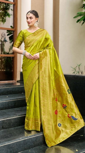 Mayawye Women's Silk Blend Paithani Weaving Saree With Unstitched Blouse 5.5Mtr (Lime Green)