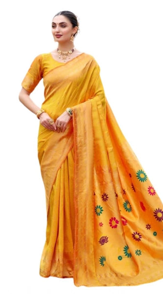 Mayawye Women's Silk Blend Paithani Weaving Saree With Unstitched Blouse 5.5Mtr (Mustard)