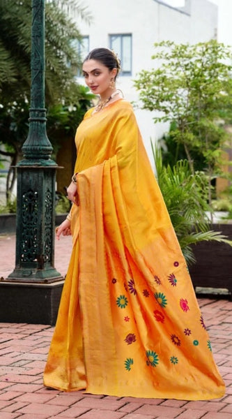 Mayawye Women's Silk Blend Paithani Weaving Saree With Unstitched Blouse 5.5Mtr (Mustard)