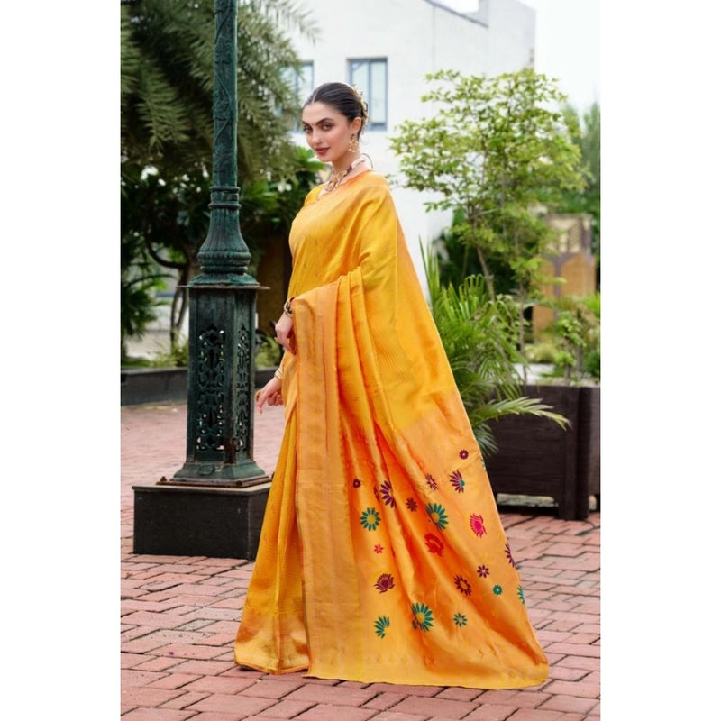 Mayawye Women's Silk Blend Paithani Weaving Saree With Unstitched Blouse 5.5Mtr (Mustard)
