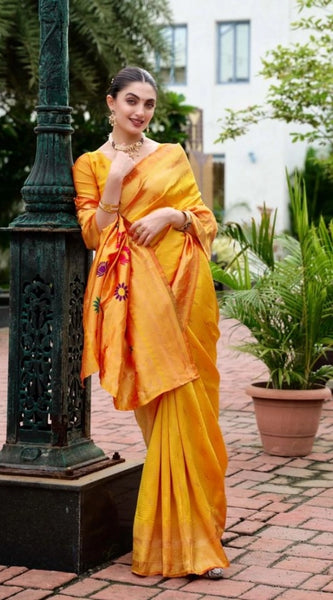 Mayawye Women's Silk Blend Paithani Weaving Saree With Unstitched Blouse 5.5Mtr (Mustard)