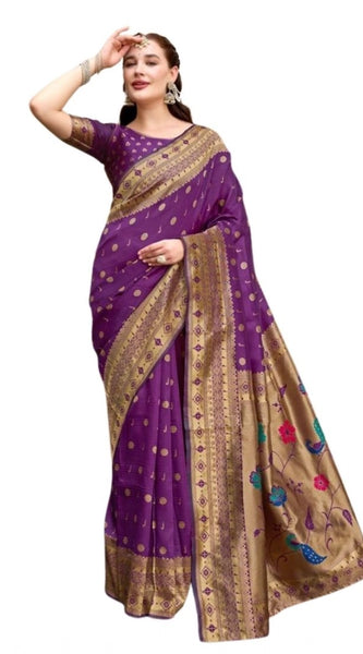 Mayawye Women's Silk Blend Paithani Weaving Saree With Unstitched Blouse 5.5Mtr (Purple)