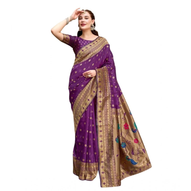 Mayawye Women's Silk Blend Paithani Weaving Saree With Unstitched Blouse 5.5Mtr (Purple)