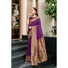 Mayawye Women's Silk Blend Paithani Weaving Saree With Unstitched Blouse 5.5Mtr (Purple)