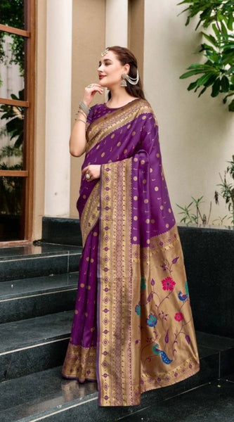 Mayawye Women's Silk Blend Paithani Weaving Saree With Unstitched Blouse 5.5Mtr (Purple)
