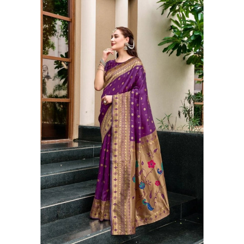 Mayawye Women's Silk Blend Paithani Weaving Saree With Unstitched Blouse 5.5Mtr (Purple)