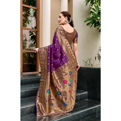 Mayawye Women's Silk Blend Paithani Weaving Saree With Unstitched Blouse 5.5Mtr (Purple)