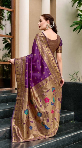 Mayawye Women's Silk Blend Paithani Weaving Saree With Unstitched Blouse 5.5Mtr (Purple)