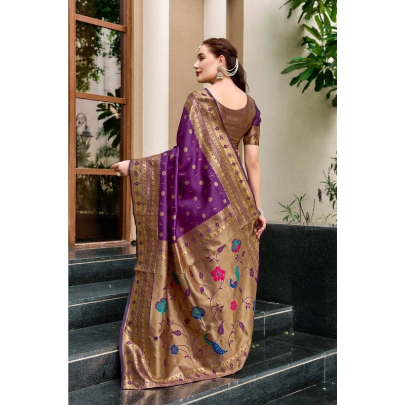 Mayawye Women's Silk Blend Paithani Weaving Saree With Unstitched Blouse 5.5Mtr (Purple)