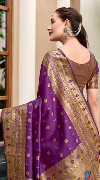 Mayawye Women's Silk Blend Paithani Weaving Saree With Unstitched Blouse 5.5Mtr (Purple)
