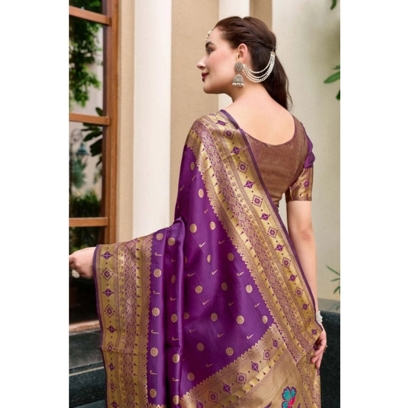 Mayawye Women's Silk Blend Paithani Weaving Saree With Unstitched Blouse 5.5Mtr (Purple)