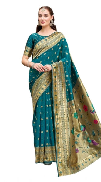 Mayawye Women's Silk Blend Paithani Weaving Saree With Unstitched Blouse 5.5Mtr (Rama)