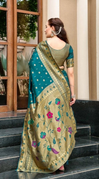 Mayawye Women's Silk Blend Paithani Weaving Saree With Unstitched Blouse 5.5Mtr (Rama)