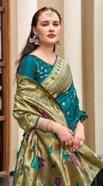Mayawye Women's Silk Blend Paithani Weaving Saree With Unstitched Blouse 5.5Mtr (Rama)