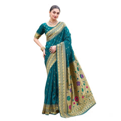 Mayawye Women's Silk Blend Paithani Weaving Saree With Unstitched Blouse 5.5Mtr (Teal)