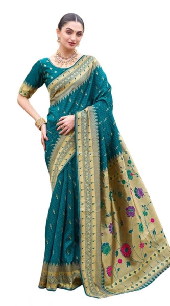 Mayawye Women's Silk Blend Paithani Weaving Saree With Unstitched Blouse 5.5Mtr (Teal)