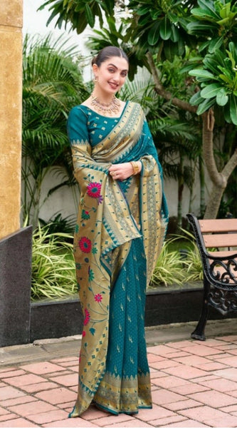 Mayawye Women's Silk Blend Paithani Weaving Saree With Unstitched Blouse 5.5Mtr (Teal)