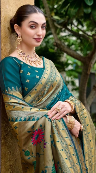 Mayawye Women's Silk Blend Paithani Weaving Saree With Unstitched Blouse 5.5Mtr (Teal)