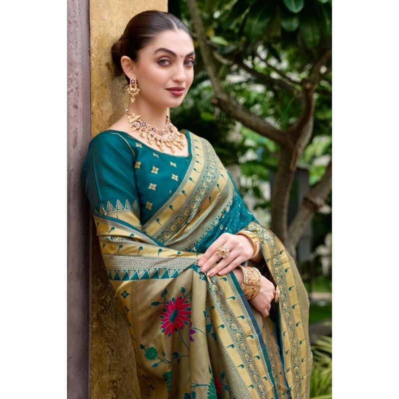Mayawye Women's Silk Blend Paithani Weaving Saree With Unstitched Blouse 5.5Mtr (Teal)