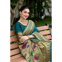 Mayawye Women's Silk Blend Paithani Weaving Saree With Unstitched Blouse 5.5Mtr (Teal)