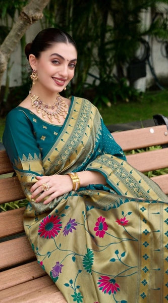 Mayawye Women's Silk Blend Paithani Weaving Saree With Unstitched Blouse 5.5Mtr (Teal)