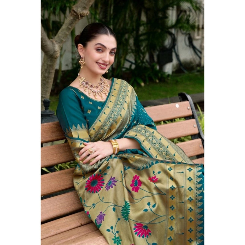 Mayawye Women's Silk Blend Paithani Weaving Saree With Unstitched Blouse 5.5Mtr (Teal)