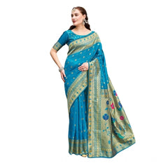 Mayawye Women's Silk Blend Paithani Weaving Saree With Unstitched Blouse 5.5Mtr (Turquoise)