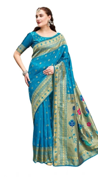 Mayawye Women's Silk Blend Paithani Weaving Saree With Unstitched Blouse 5.5Mtr (Turquoise)