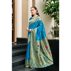 Mayawye Women's Silk Blend Paithani Weaving Saree With Unstitched Blouse 5.5Mtr (Turquoise)