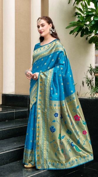 Mayawye Women's Silk Blend Paithani Weaving Saree With Unstitched Blouse 5.5Mtr (Turquoise)